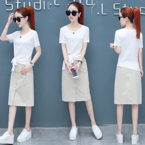 2021 New Spring Summer Women Sets Short Sleeve T-shirts + Single Breasted Midi Skirt Two Piece Female Casual Skirt Suits X81