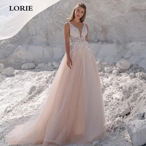 LORIE Romantic Backless Champagne Wedding Dresses Boho Bridal Gowns Lace A-Line Tulle Sexy V Neck Bridal Dress vestidos de novia