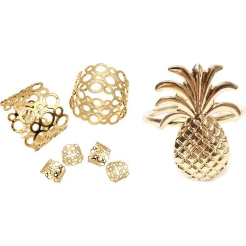12Pcs Pineapple Napkin Ring Metal Plating Napkin Ring Gold & 6-Piece Metal Napkin Holder Hollow Round Design Napkin Ring