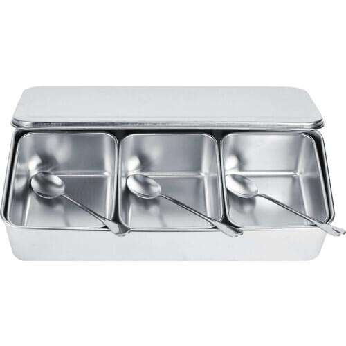 3-Grid Stainless Steel Seasoning Box Jar Spice Container Set with Spoons Cover Hot