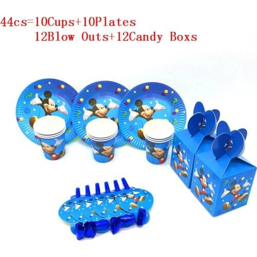 44Pcs/Lot Hot Disney Cartoon Mickey Mouse Theme Kids Girl Birthday Paper Cups+Plates+Blow Out+Candy Boxs Family Party Supplies