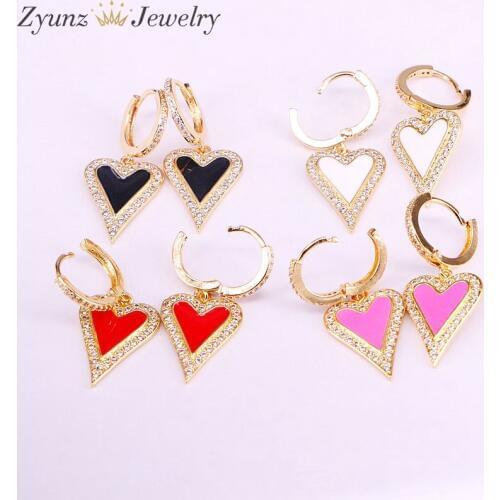 5 Pairs, Micro pave cubic zirconia cz paved enamel jewelry lovely heart delicate earring for women