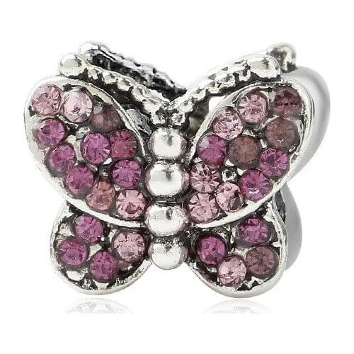 5PCS Wholesale New Silver Color Animal Perles Pink Crystal Butterfly Bead Fit DIY Handmade Original Bracelet Jewelry Accessories