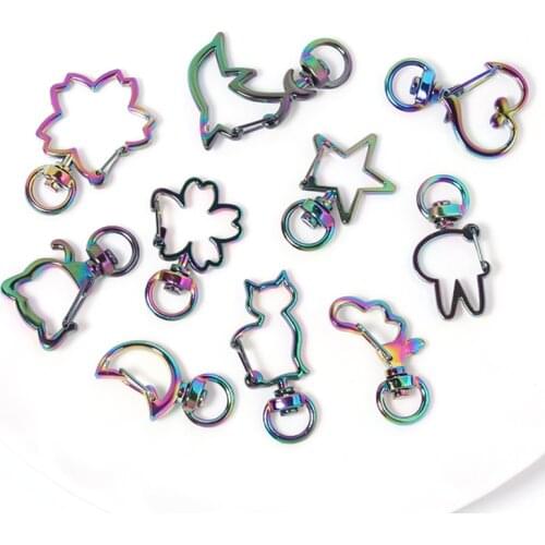 5pcs Rainbow Vacuum Plated Moon Star Heart Cat Animal Flower Hollow Key Chain Key Ring keychain DIY Accessories Lobster Clasp