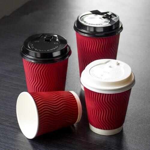 50pcs Red corrugated anti-scalding insulation thick paper cup 400ml disposable coffee soy milk hot drink packaging cups with lid
