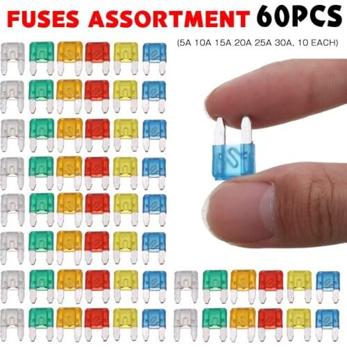 60pcs Mini Blade Fuses Auto Car Truck Assortment Fuse 6 Differents Colors Kit 5A 10A 15A 20A 25/30A
