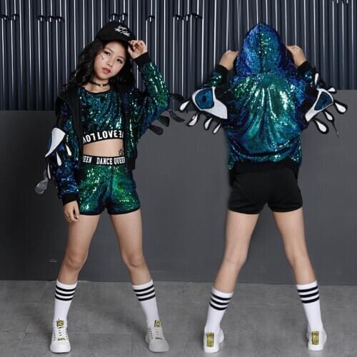 Children Hip Hop Outfits Sequins Green Hoodies Jacket Crop Tank Top Shirt Shorts For Girls Kids Jazz Dance Costume Clothes Wear