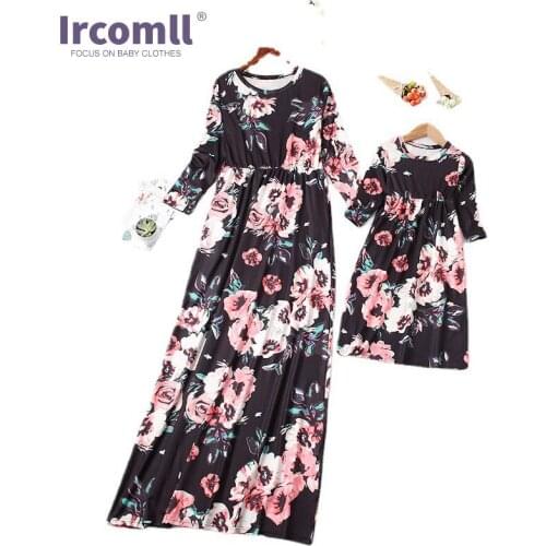 Ircomll Mommy and Me Dress Matching Family Outfits Floral Printed Three Quarter Long Dresses Holiday Beach Women Gir Clothing