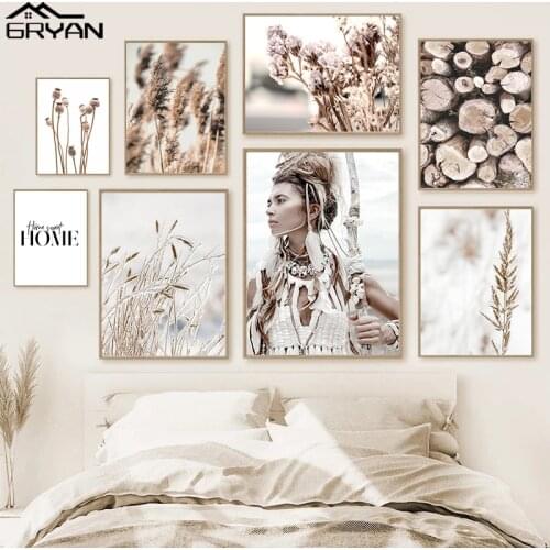 Sexy Primitive Tribe Girl Picture Bohemia Wheat Reed Wood Nature Canvas Print Painting Nordic Landscape Poster Wall Art Decor