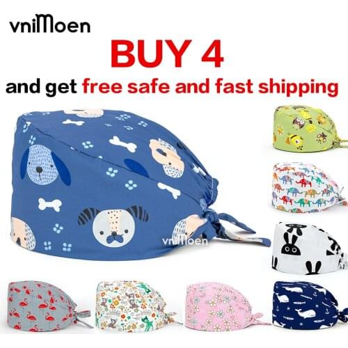 Printed Cap Pure Cotton High Quality Doctores enfermera Scrub Cap Adjustable Bandage Turban Unisex chirurgie Skull cap wholesale