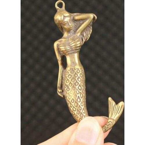 Chinese brass hand casting mermaid statue figure pendant table decoration