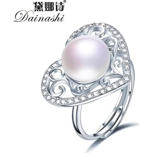 Dainashi 925 Sterling Silver Vintage Heart Crystal Zircon Adjustable Ring Freshwater Pearl Adjustable Ring Party Gift for Women