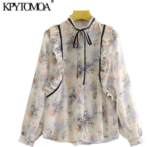 KPYTOMOA Women 2021 Fashion With Ruffle Trims Print Chiffon Blouses Vintage Long Sleeve Button-up Female Shirts Chic Tops