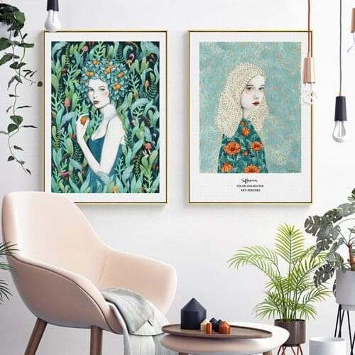 Nordic Abstract Flower Women Canvas Painting Green Plants Wall Art Poster and Print Modern Fashion Girl Bedroom Home Decor