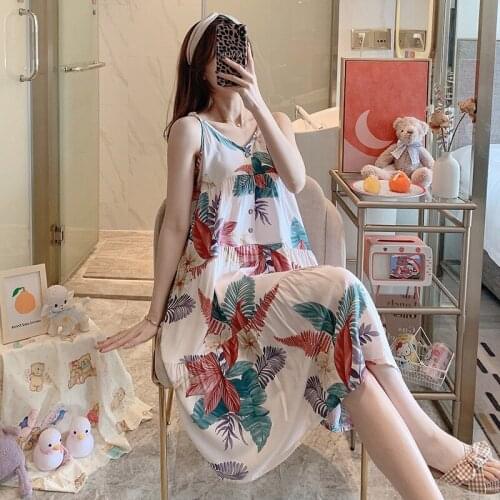 Cotton silk nightdress womens summer new sexy back Cotton silk beach skirt can wear large size printed home clothes pyjamas