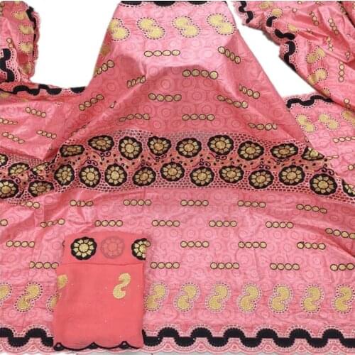 ​Latest African Bazin Riche Brode Bazin Cord Lace Fabric Matching with Stones Tulle Scarf 5+2 Yards YC-135