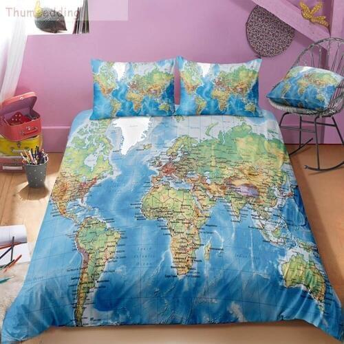 Thumbedding Soft Cozy Bedding Sets World Map Twin Full Queen King Blue 3D Printing Duvet Cover Set Single Double Quilt Cover