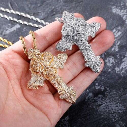 Rose Cross CZ Pendant Necklace With Tennis Chain Iced Out Bling Pendant Hip Hop Rappers Jewelry For Gift