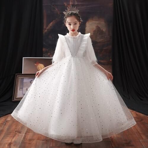 Flower Girl Dresses Sequined Embroidery Three Quarter High Princess Pearls Beading Floor-Length Tulle Lace Kids Party Gown H276