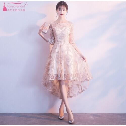 Half Sleeves High Low Flower Floral Appliques Tea Length Bridesmaids Dresses Zipper Illusion Short Formal Dress JQ18