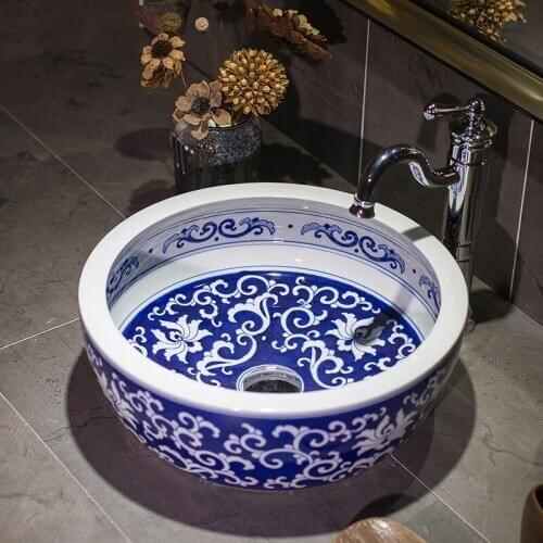 Blue and white Ceramic Painting washing basin counter top ceramic wash basin bathroom sink