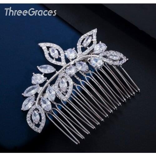 ThreeGraces Vintage Marquise Cut Cubic Zirconia Luxury Leaf Shape Bridal Wedding Hair Combs Jewelry Accessories for Bride HA028
