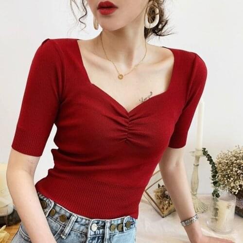 V-neck Ice Silk Knitted Short Sleeves Summer Pure Color Creative Design T-shirt Sexy Temperament Korea Clothing Wholesale