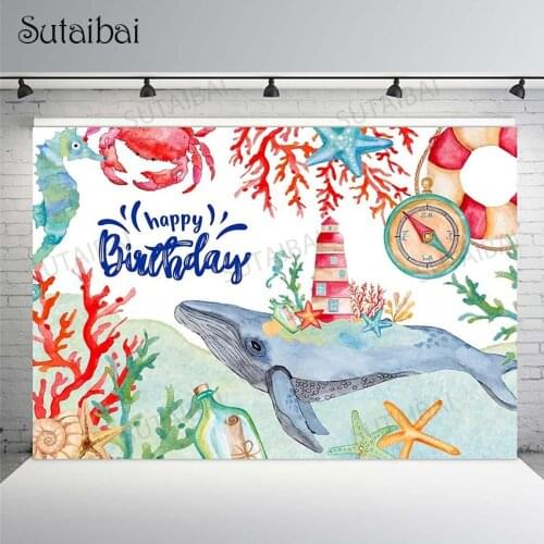 Nautical Theme Birthday Backdrop Vinyl Marine Life Whale Seahorse Lighthouse Corals Compass Photography Background Baby Studio