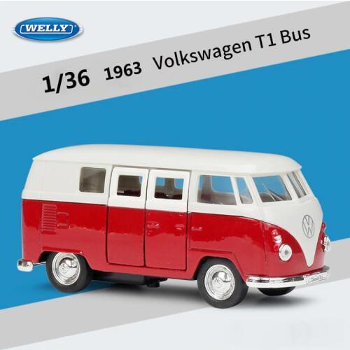 WELLY Diecast 1:36 Car Simulator 1963 Volkswagen T1 Bus Classic Pull Back Car Model Car Metal Alloy Toy Car Kid Gifts Collection