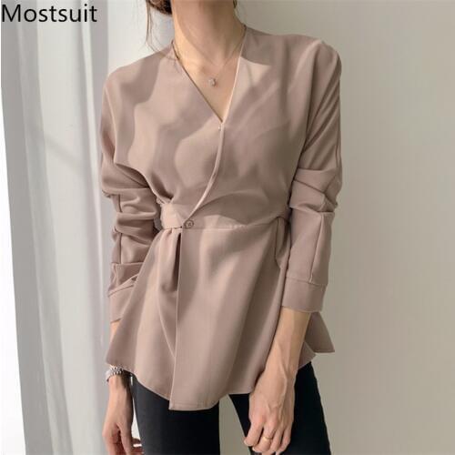 2020 Autumn Korean Vintage V-neck Blouses Tunics Women Long Sleeve Belted Shirts Tops Fashion Office Workwear Elegant Blusas