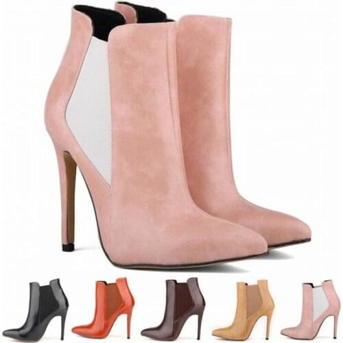 Womens Motorcycle boots Winter Boots Elastic band PU Ankle Basic Round Toe Super High 11CM Thin Heels Solid women boots Shoes