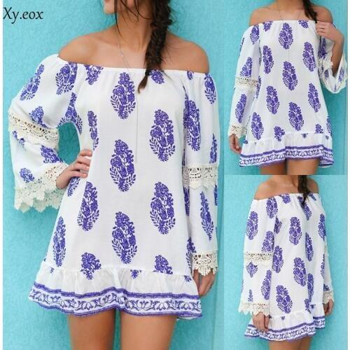 Womens Long Sleeve Leaf Printed Mini Dress Ladies Off-shoulder Loose Short Dress