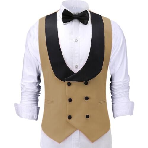 Tuxedo Waistcoat Brown Mens Slim Fit Double Breasted Vintage Gentleman Beckham Formal U-neck Male Black For Wedding Groomsmen