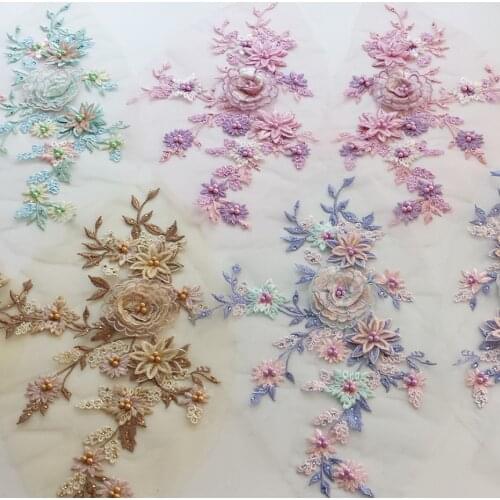 1 Piece 6 Colors Beaded Sequin Flower Embroidery Sewing Craft Lace Neckline Applique Trim 3D Patches DIY Dress Bridal Gown Decor