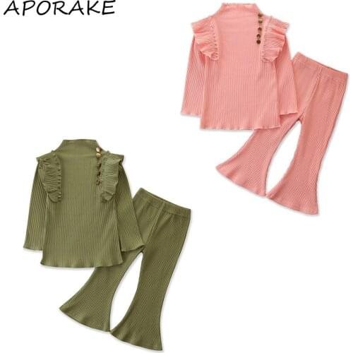 2021 Fashion 1-6Y Kids Baby Girl Clothing Knitted 2pcs Button Ruffle Shoulder Long Sleeve Top+Flare Pants Sping Outfits Set