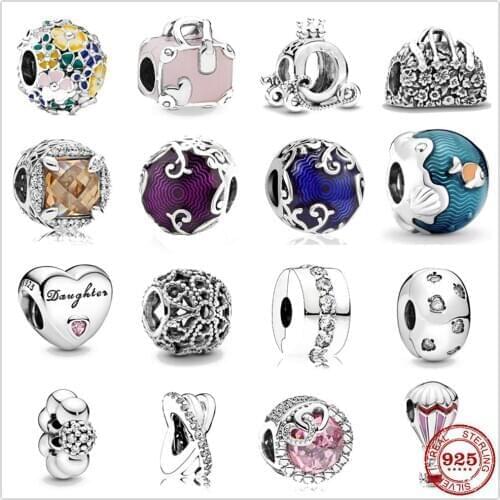 925 Sterling Silver Polished & Pavé Spacer Crown O Carriage charms DIY fine beads Fit Original Pandora Charm Bracelet Jewelry