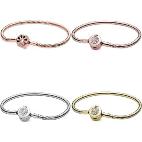 Rose Gold Moments Fan Sparkling Crown O Clasp Snake Chain Bracelet Bangle Fit 925 Sterling Silver Bead Charm Diy Pandora Jewelry