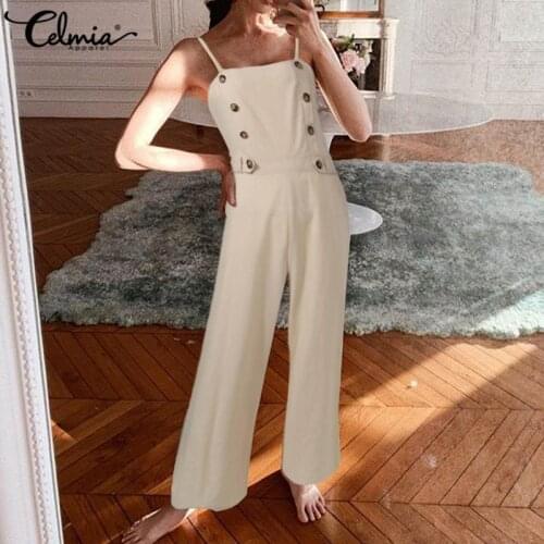 Celmia 2021 Summer Womens Sleeveless Sexy Long Jumpsuits Rompers Straps Buttons Casual Loose Work Playsuits Overalls