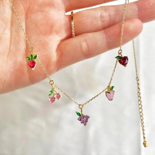 Stainless Steel Crystal Fruit Chain Necklaces For Women Cherry Pineapple Grapes Apple Choker Fashion Jewelry Accessories Gifts