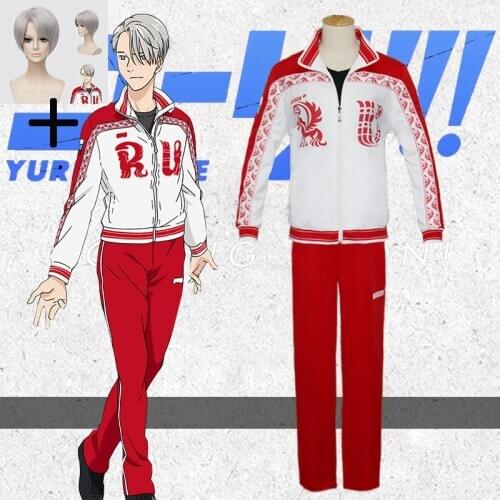 Hot Anime Yuri!! on Ice Cosplay Costumes Victor Nikiforov Cosplay Clothes Sport Suit Jacket and Pants Sets wig Halloween Cosplay