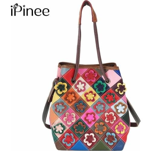 IPinee Women Genuine Leather Shoulder Bags High Quality Colorful Patchwork Cowhide Handbag Flower Hobos Tote