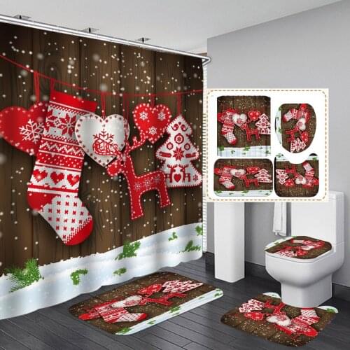 Red Christmas Print Shower Curtain Polyester Waterproof and Mildew Proof Shower Curtain Bathroom Decoration 4-piece Set