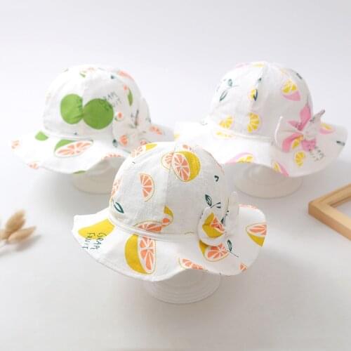 2021 Summer Outdoor Caps UV Protection Baby Bucket Hats for Girls Cotton Cap Kids Cute Print Fruits Beach Sun Hat with Bow 1-4Y