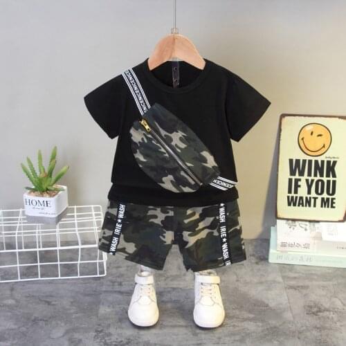 Summer Baby Boy Camouflage Clothes Sets Kids Girls Satchel Decorate Short Sleeves T-Shirt Suits +Shorts Toddler Clothing Suits