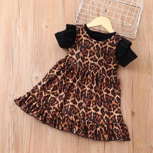 2021 Summer Fashion Clothes Childrens Sets 2 Pcs Solid Ruffles Short Sleeve T-shirts+Leopard Sleeveless Dress Kids Clothes 1-6Y