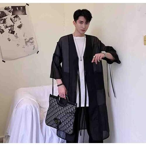Short sleeve windbreaker mens long thin coat summer dark Yamamoto translucent sunscreen Japanese kimono ribbon top