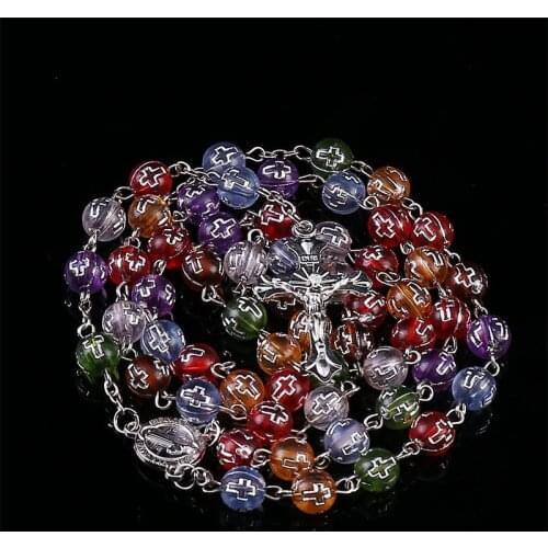 2017 new 8mm fashion handmade round crystal beads Saint Benedict Center Rosary Jesus Cross necklace