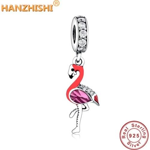 New 925 Sterling Silver Enamel Flamingo Dangle Charms Beads Fits Original pandora Charm Bracelet DIY Jewelry Making berloque