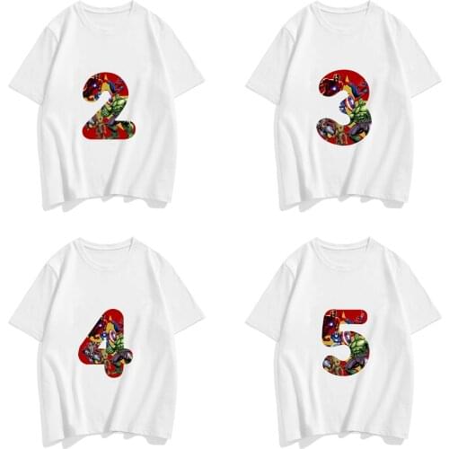 New Marvel 1-9Th Birthday Number T Shirt Kids The Avengers Iron Man Spiderman Captain Groot Hulk Cartoon Baby Boys Girls Clothes