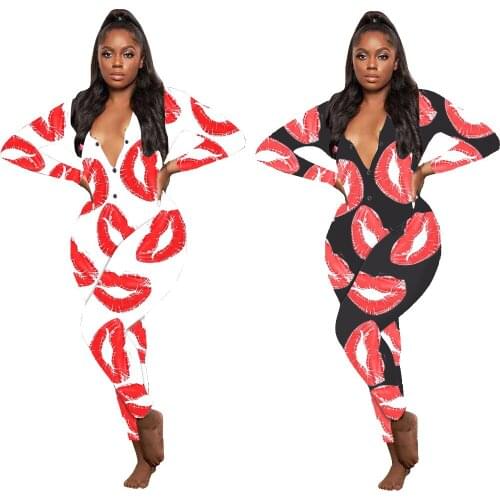 New Arrival Lip Print Pattern Pajama V-neck Long Sleeve Nightwear Sexy Adult Onesie Bodycon Jumpsuit Slim Romper Sleepwear